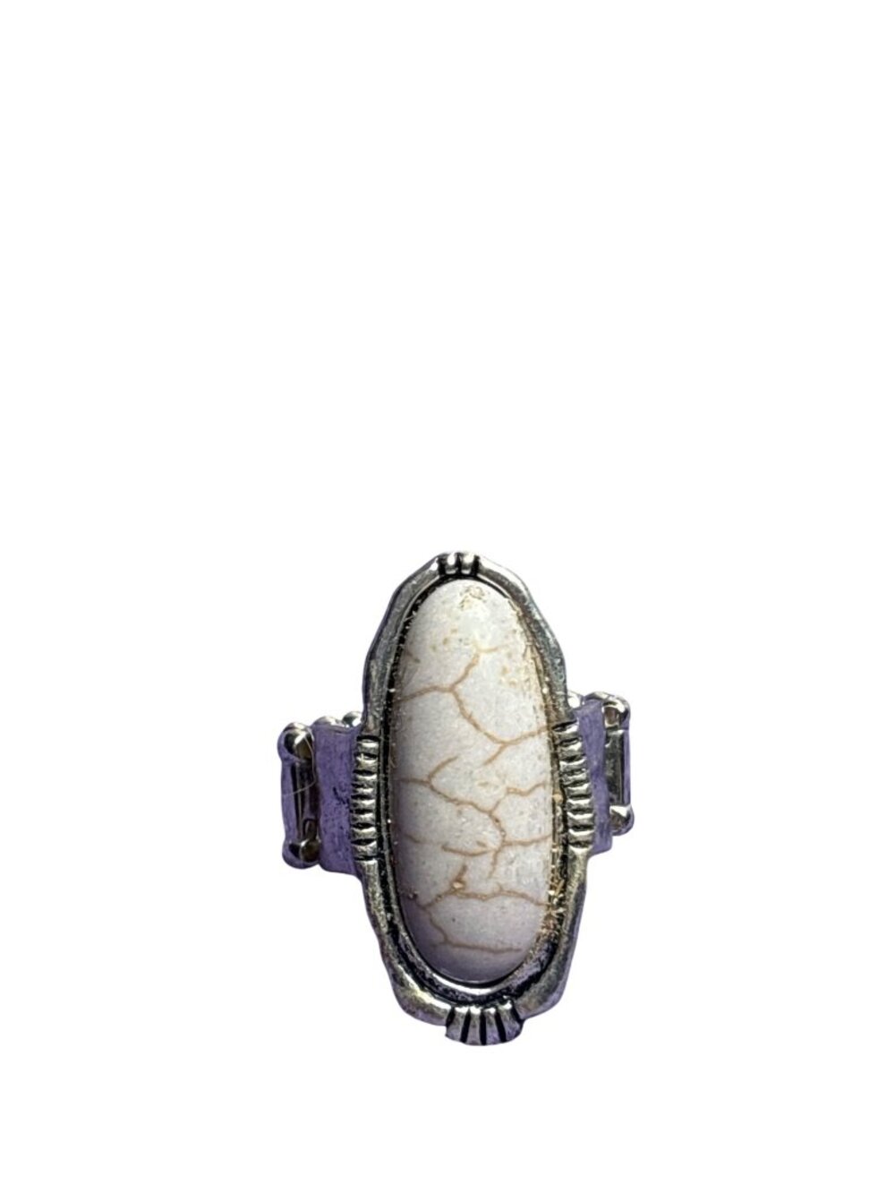 Silvertone Stretchy Ring Howlite Oval Cabochon